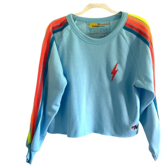 Aviator Nation Lightning Bolt Neon Rainbow Stripe Crop Sweatshirt in Blue - Picture 3 of 14